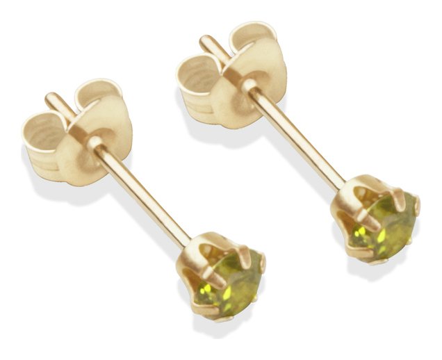 9ct Gold Dark Peridot Coloured CZ Stud Earrings - 3mm