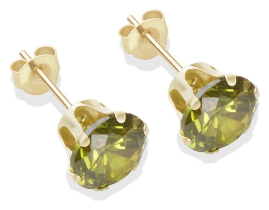 9ct Gold Dark Peridot Coloured CZ Stud Earrings - 7mm