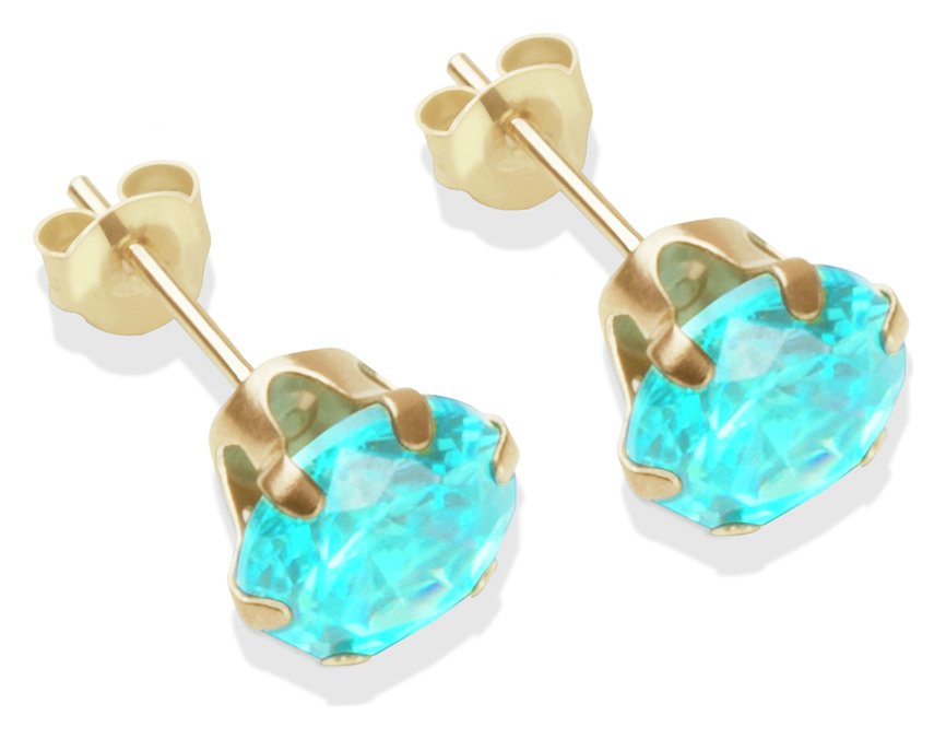 9ct Gold Aqua Coloured Cubic Zirconia Stud Earrings - 7mm
