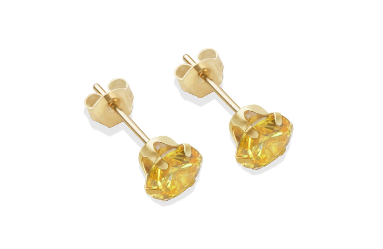 9ct Gold Citrine Coloured Cubic Zirconia Stud Earrings - 5mm