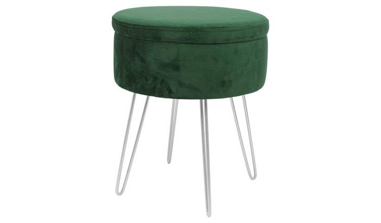 Harbour Housewares Round Velvet Storage Footstool - H45 x D36cm - Green/Silver