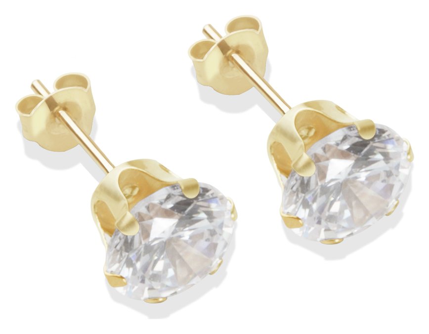 9ct Gold White Cubic Zirconia Stud Earrings - 7mm
