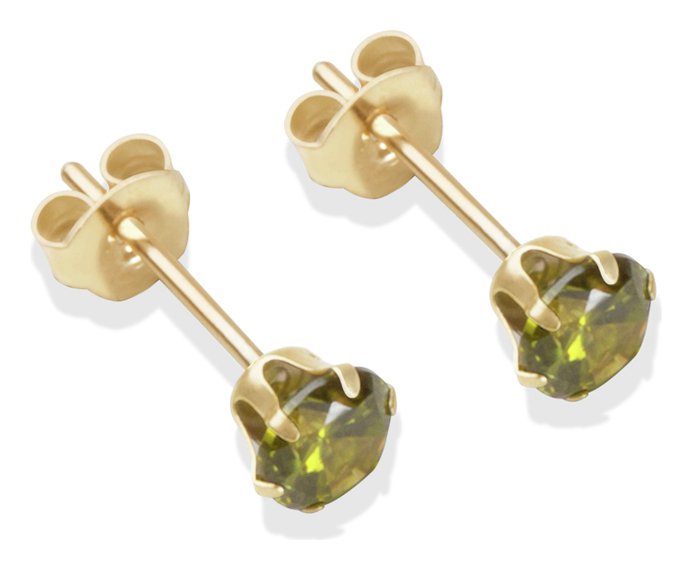 9ct Gold Dark Peridot Coloured CZ Stud Earrings - 4mm