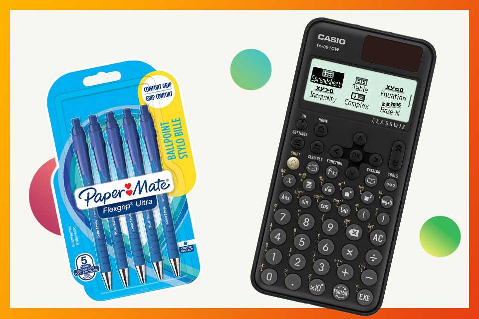 School stationery and calculators.