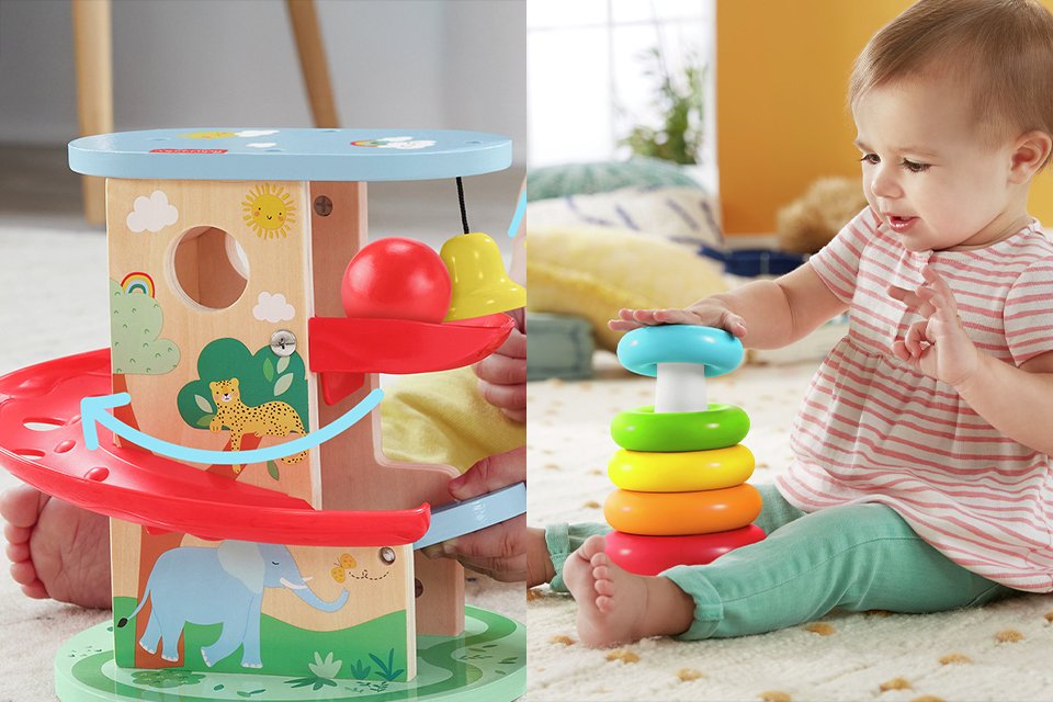 A split image of Fisher-Price Baby & Toddler Toy Wooden Treehouse Ball Run and Baby Stacking Toy Rock-a-Stack Rings.