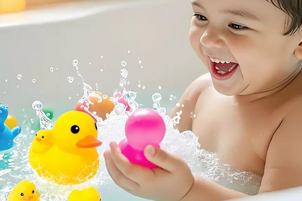 A baby playing with a Chad Valley Bathtime Rubber Duck set.
