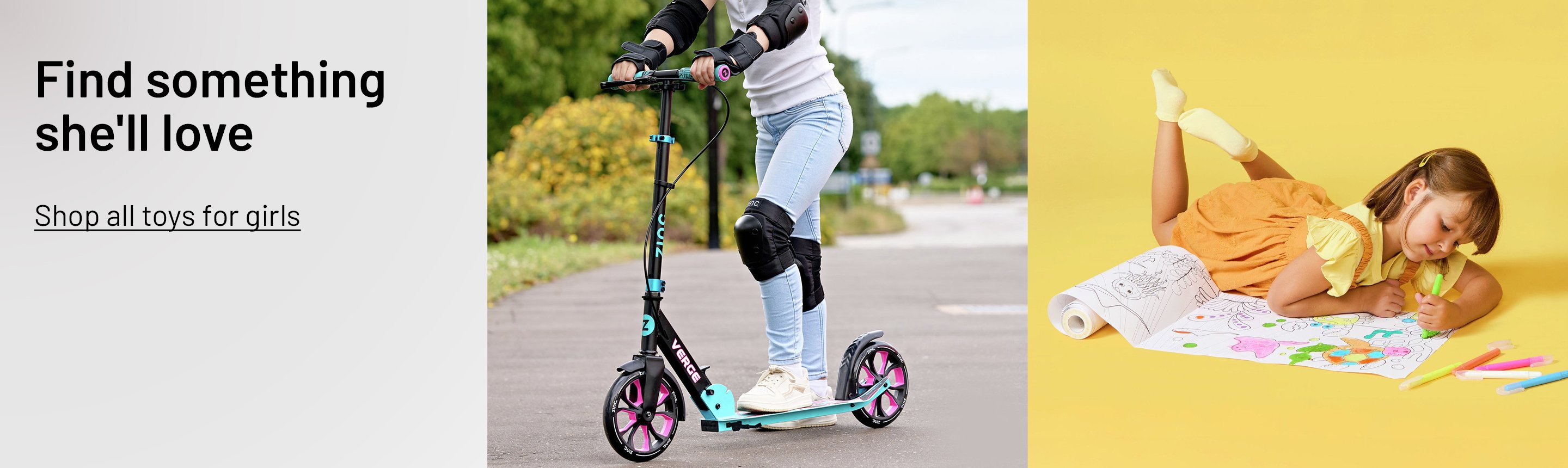 A girl riding a Zinc Verge Pro Foldable Big 2 Wheel Scooter and a girl with Chad Valley Ultimate Box of Paint Sticks.