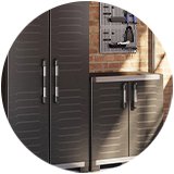 Two storage units in a garage.