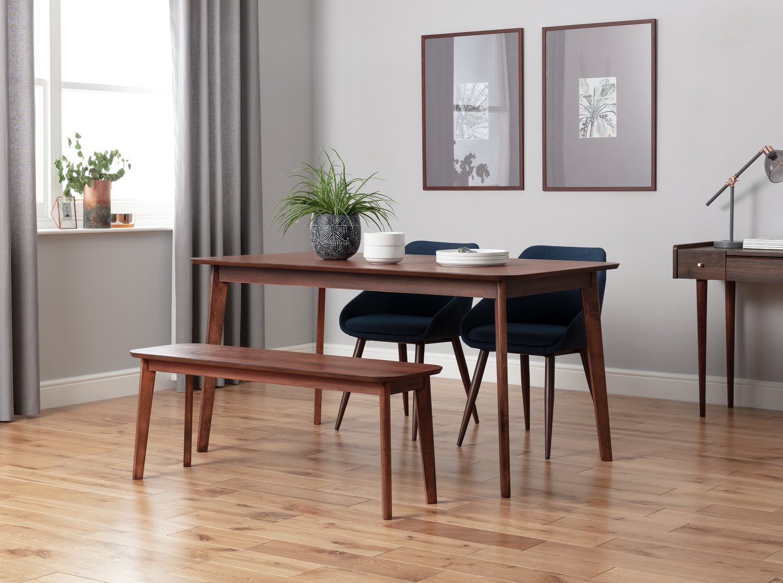 Argos Home Skandi Walnut Veneer Table, 2 Blue Chairs & Bench Review