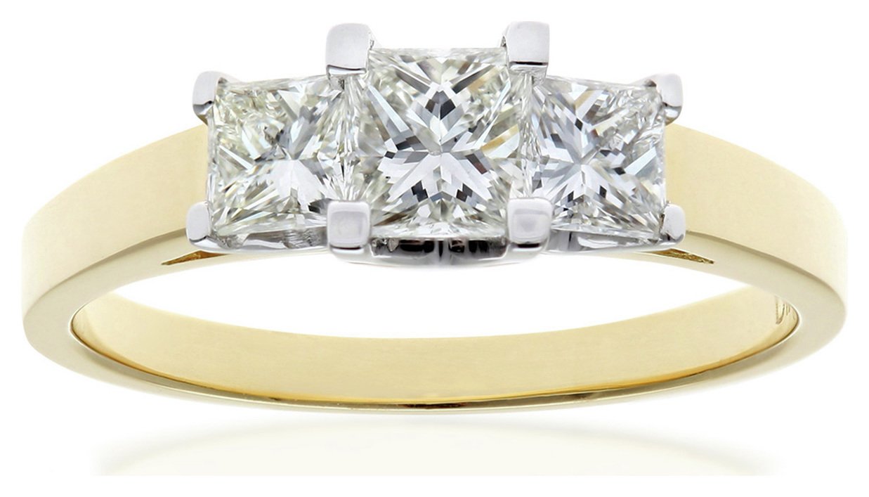 18ct Gold 1.00ct Diamond Princess Cut Trilogy Ring - Size L