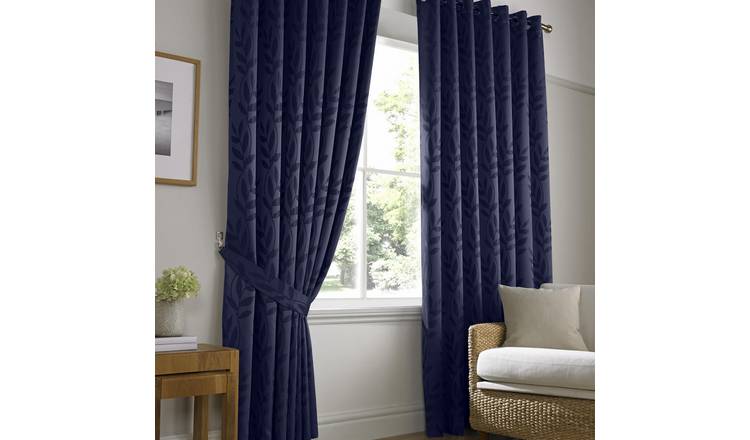 Luxury Living Jacquard Leaf Lined Eyelet Curtains 117cm x 183cm - Navy