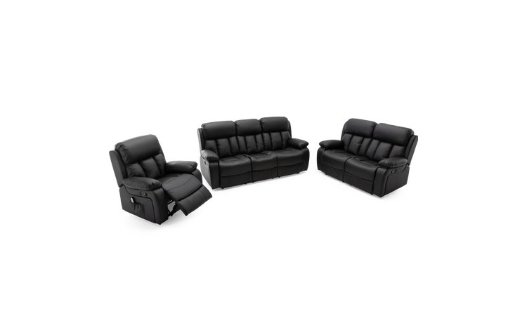 Furniture Online Chester Manual Recliner Leather 1+2+3 Seater Sofa Set - Black