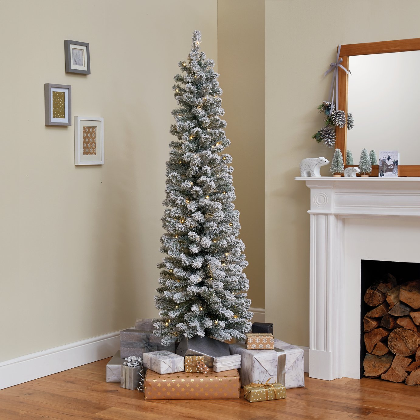 HOME - 6ft Pre-Lit Snow Tipped Pencil Christmas Tree - Green