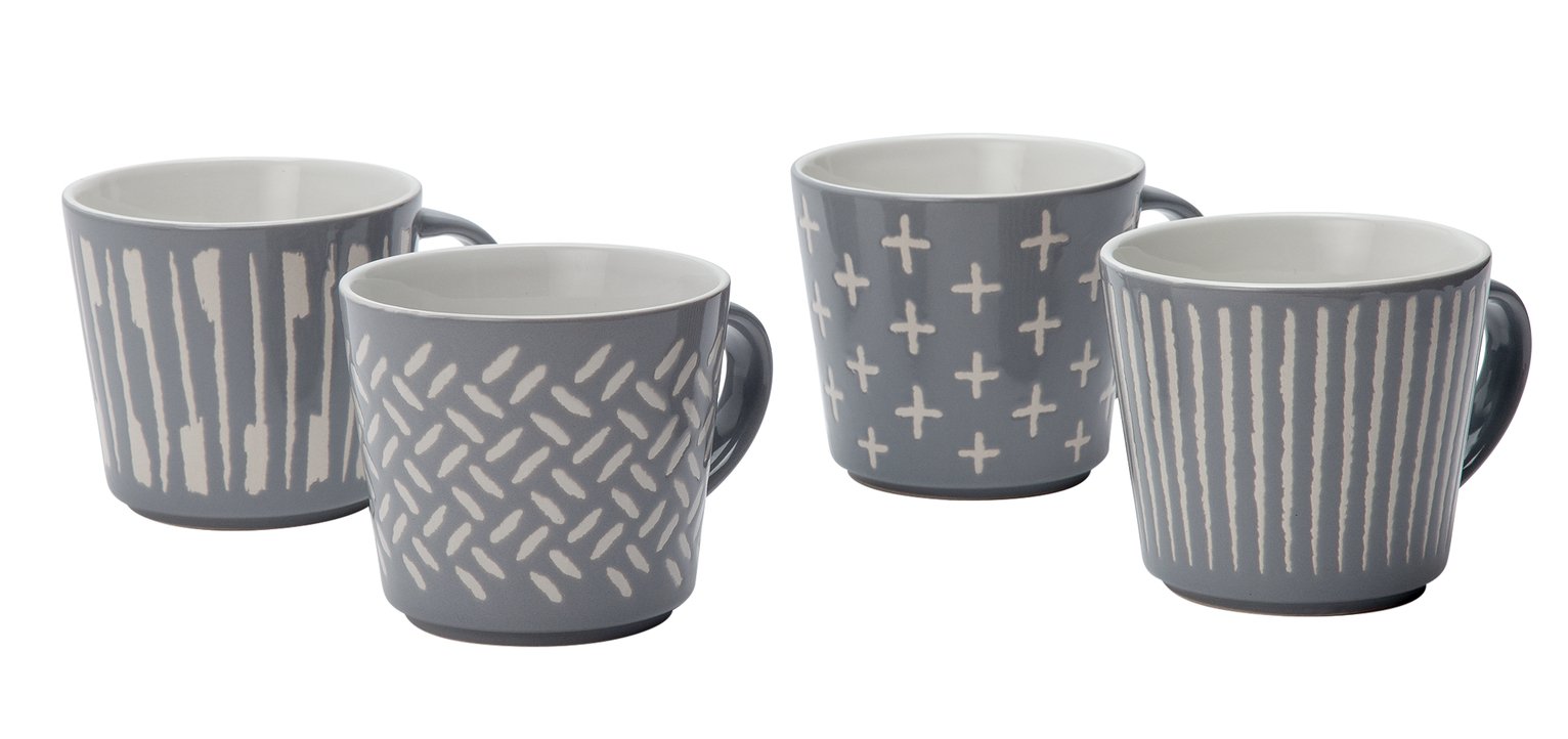 Argos Home Set of 4 Stoneware Etched Mugs - Grey