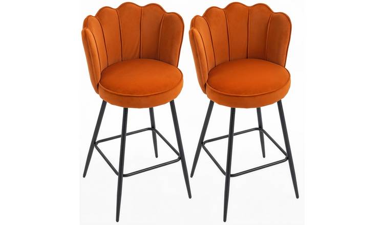 HOMCOM Set of 2 Velvet Bar Stools with Petal Backrest and Footrest - Orange
