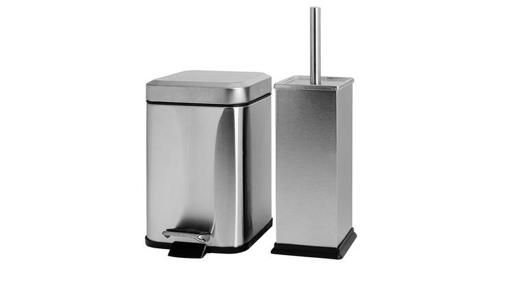 Harbour Housewares Square Toilet Brush & Bin Set - Brushed Metal