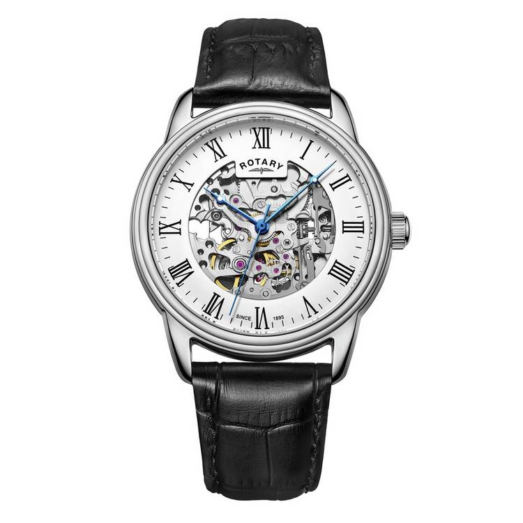 Rotary Men's Black Leather Strap Roman Dial Watch 0