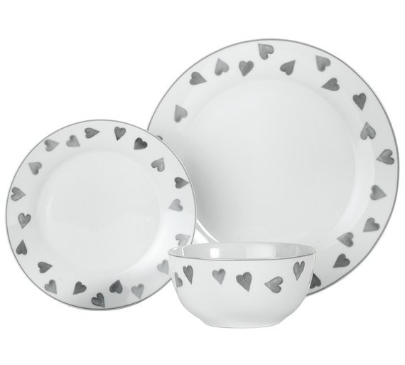 Argos Home Hearts 12 Piece Porcelain Dinner Set - Grey