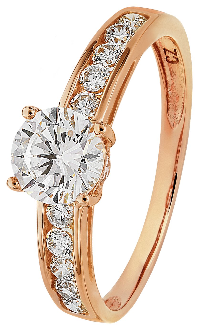 Revere 9ct Rose Gold Cubic Zirconia Solitaire Shoulder Ring