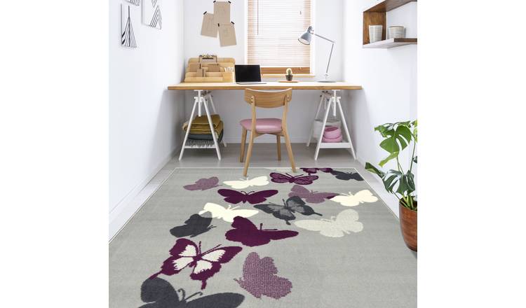 Butterflies Grey Short Pile Rug - 230x160cm
