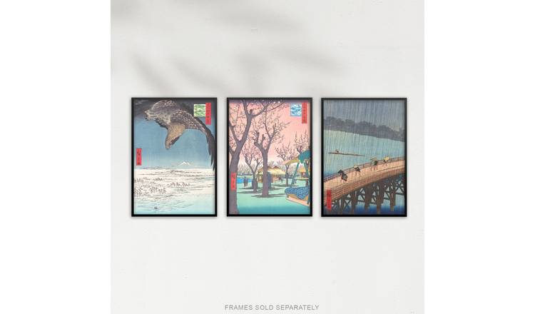 Hiroshige Views Of Edo Blue Green Japanese Set Of 3 Wall Art Poster Pack - A4