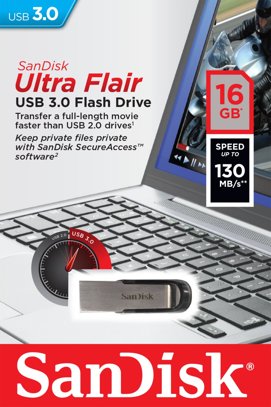 SanDisk Ultra Flair 130MB/s USB 3.0 Flash Drive - 16GB