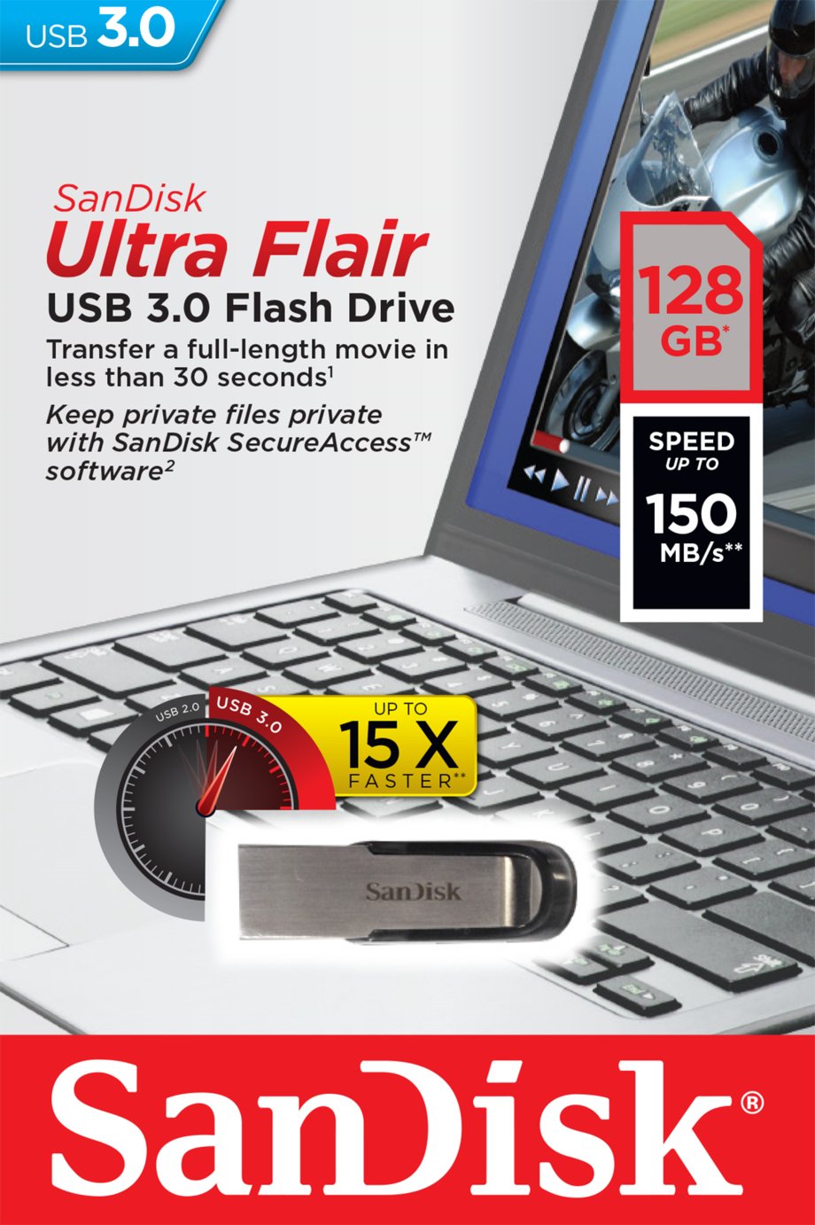 SanDisk Ultra Flair 150MB/s USB 3.0 Flash Drive - 128GB