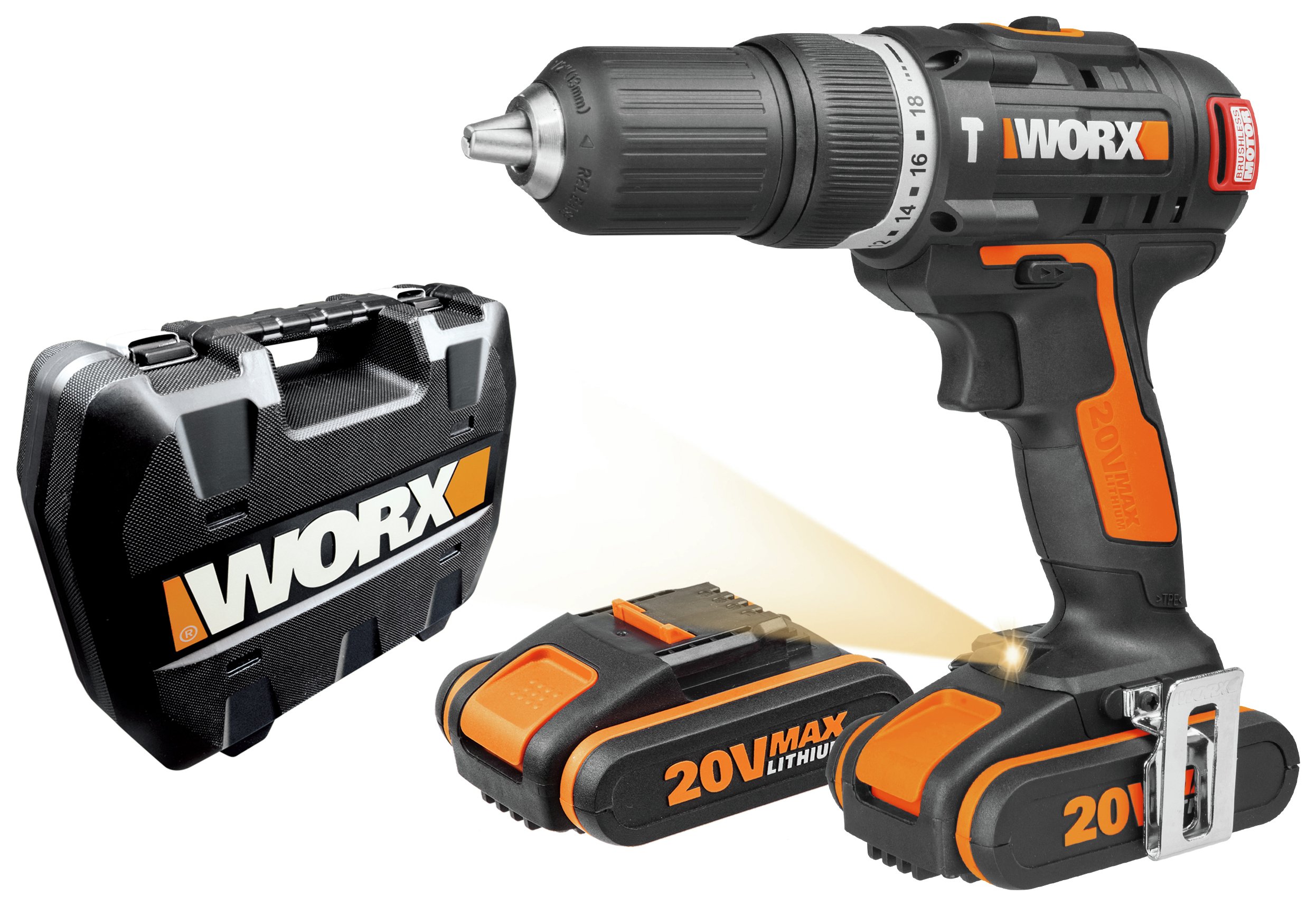 WORX Cordless Brushless Hammer Drill with 2 20V Batteries