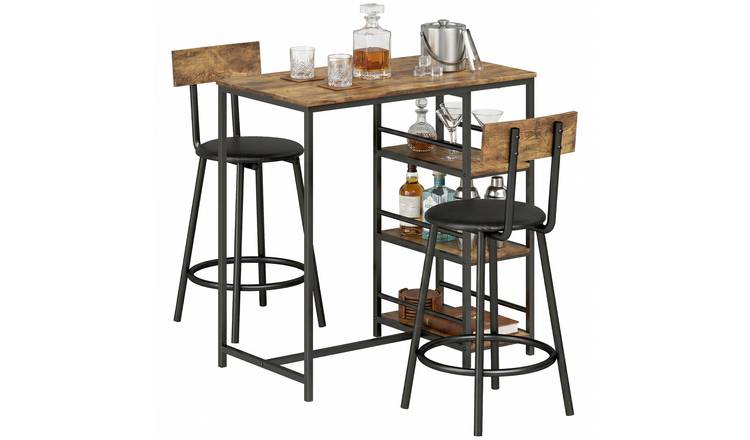 HOMCOM 3 Piece Bar Table and Faux Leather Round Bar Stools - Rustic Brown