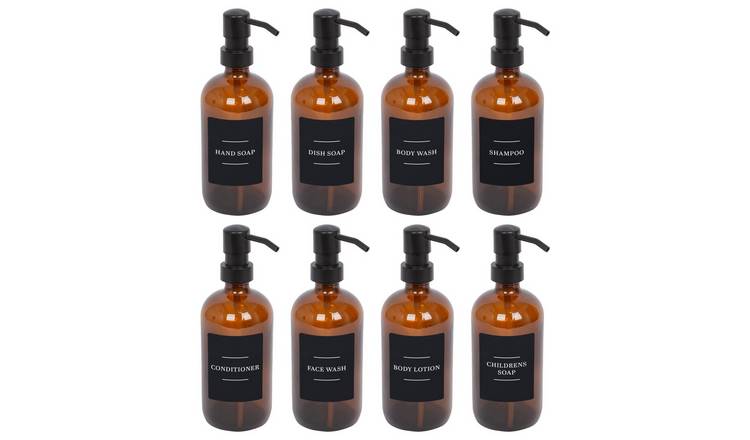 Harbour Housewares Soap Dispensers with Labels  - Amber/Black - Set of 8