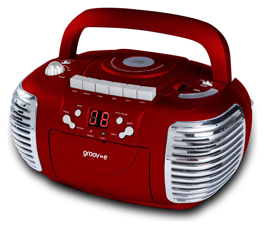 Groov-e Retro Boombox CD/Cassette Player with Radio - Red