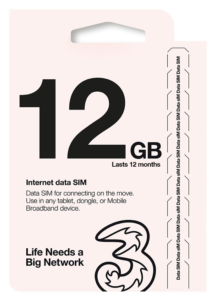 Three 12GB Pay As You Go Data SIM Card