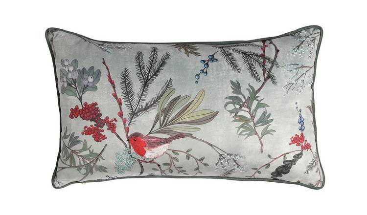 Argos Home Robin Christmas Velvet Cushion -Sage-30x50cm