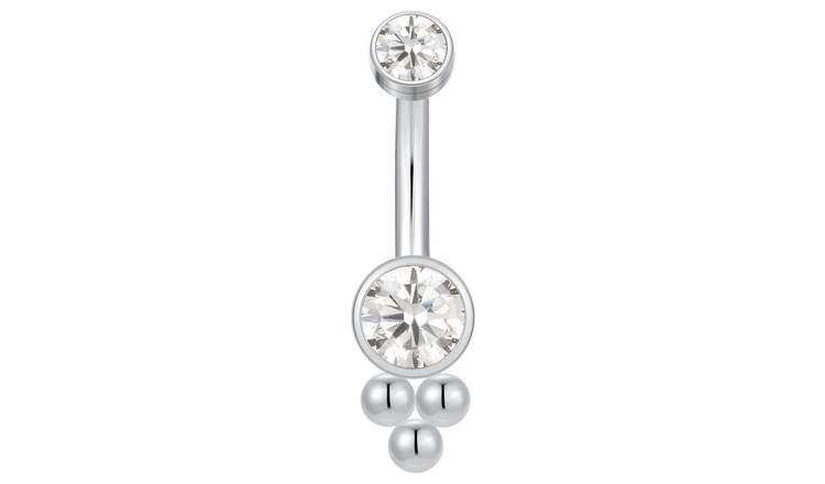 With Bling Titanium Cubic Zirconia Stone Bead Belly Bar