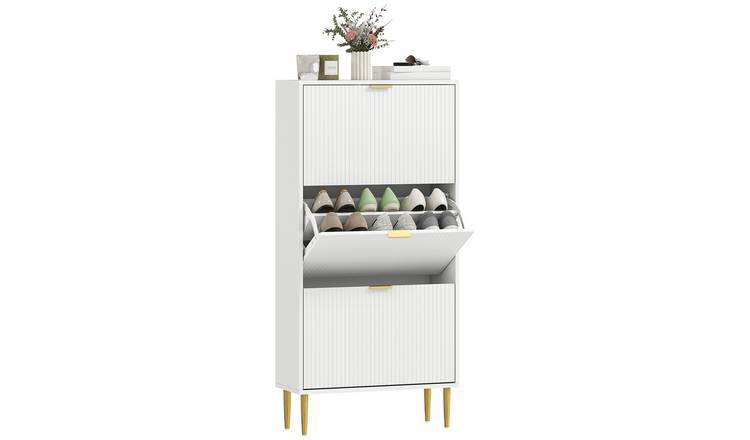 HOMCOM Fluted Shoe Cabinet with 3 Flip Drawers - White