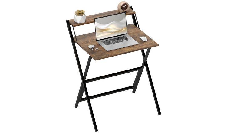 HOMCOM Folding Computer Desk with Monitor Shelf - Rustic Brown
