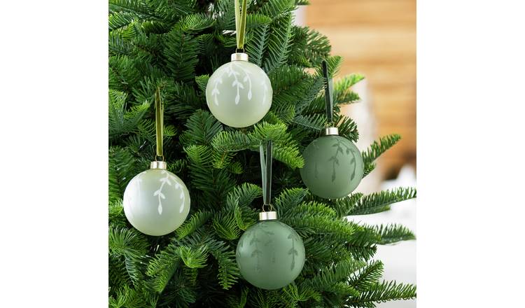 Habitat Pack Of 4 Flocked Glass Christmas Baubles - Green