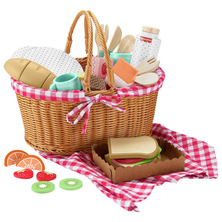 Fisher-Price Pretend Play Set Wooden Picnic Basket with Food 0