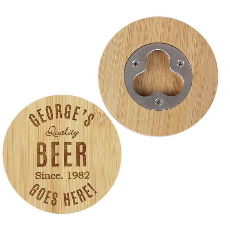 Personalised Message Free Text Bamboo Bottle Opener Coaster 0