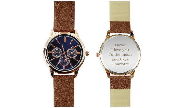 Personalised Message Men's Brown Strap Rose Gold Watch 