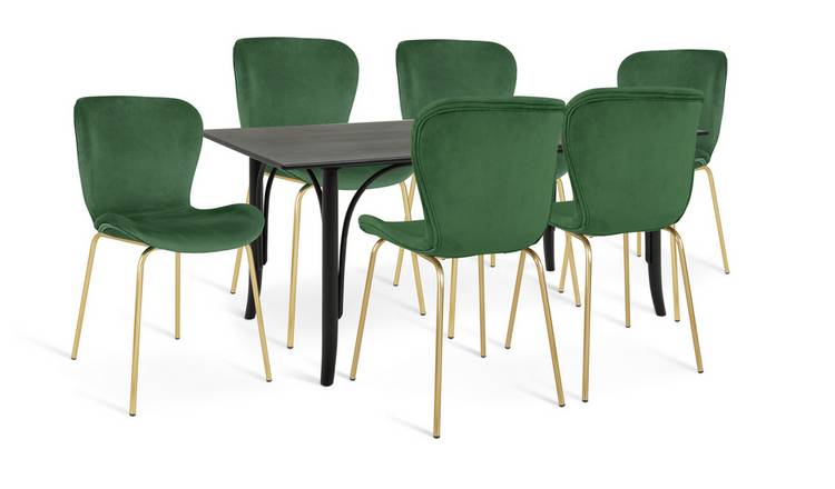 Habitat Larsa Dining Table & 6 Etta Green & Brass Chairs