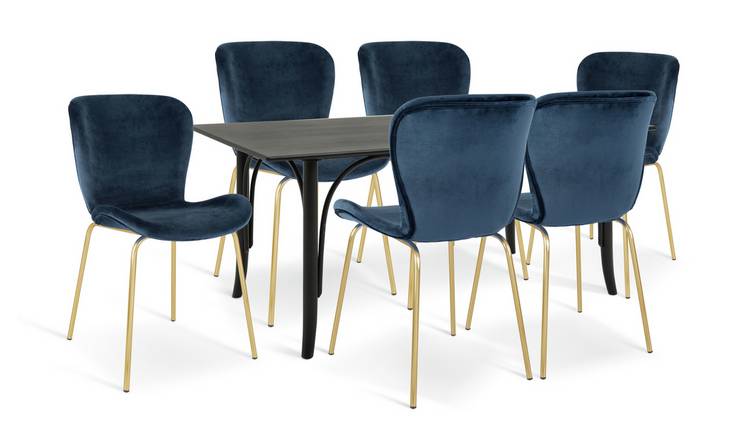 Habitat Larsa Dining Table & 6 Etta Navy Blue & Brass Chairs