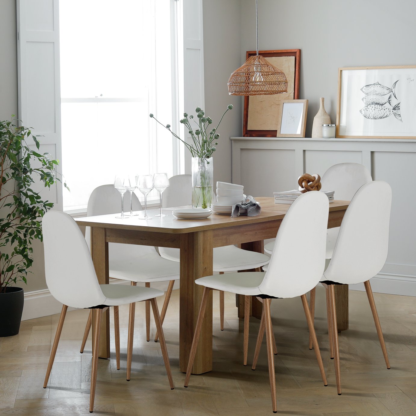 Argos Home Miami Ext Oak Dining Table & 4 White Chairs