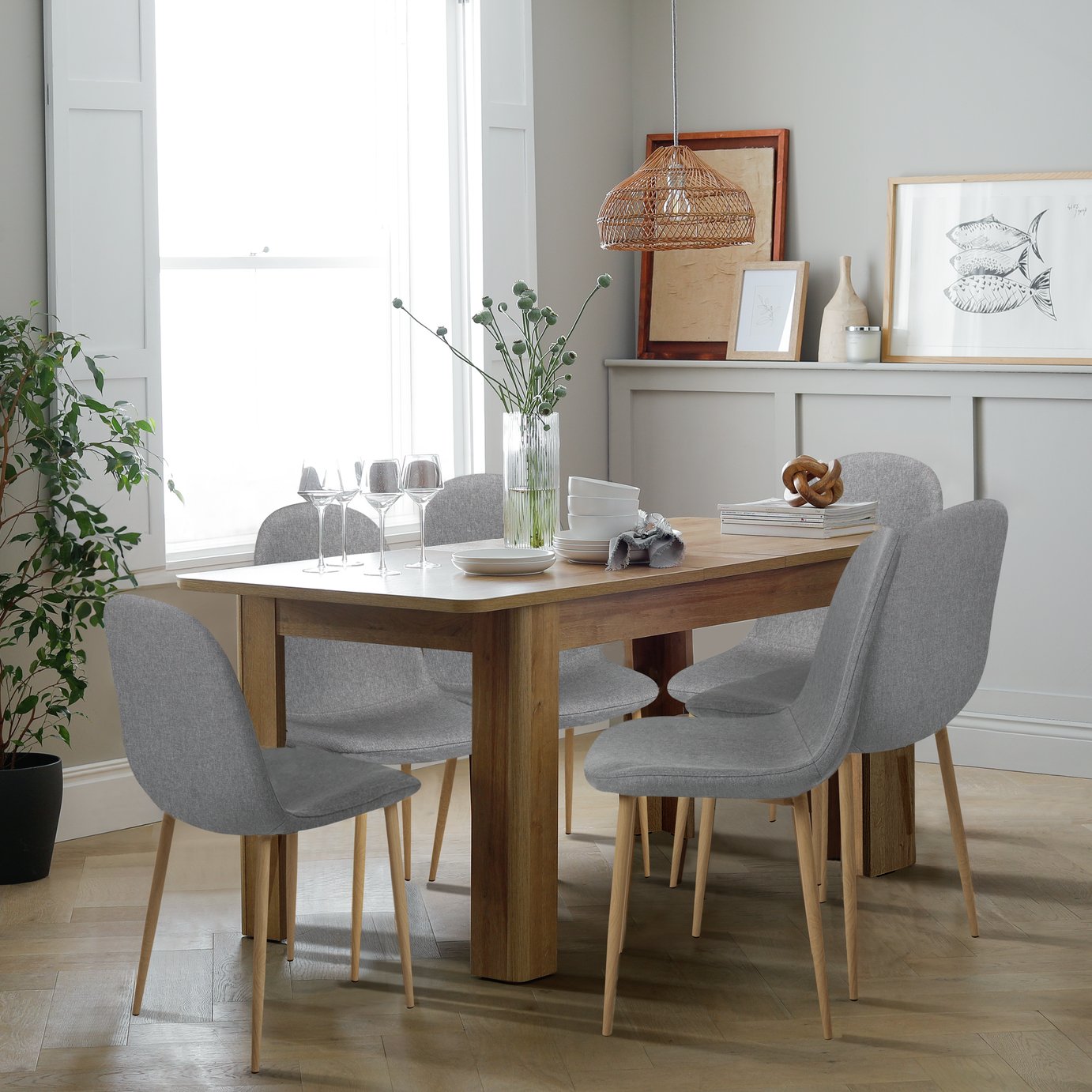 Argos Home Miami Extend Oak Dining Table & 4 Grey Chairs