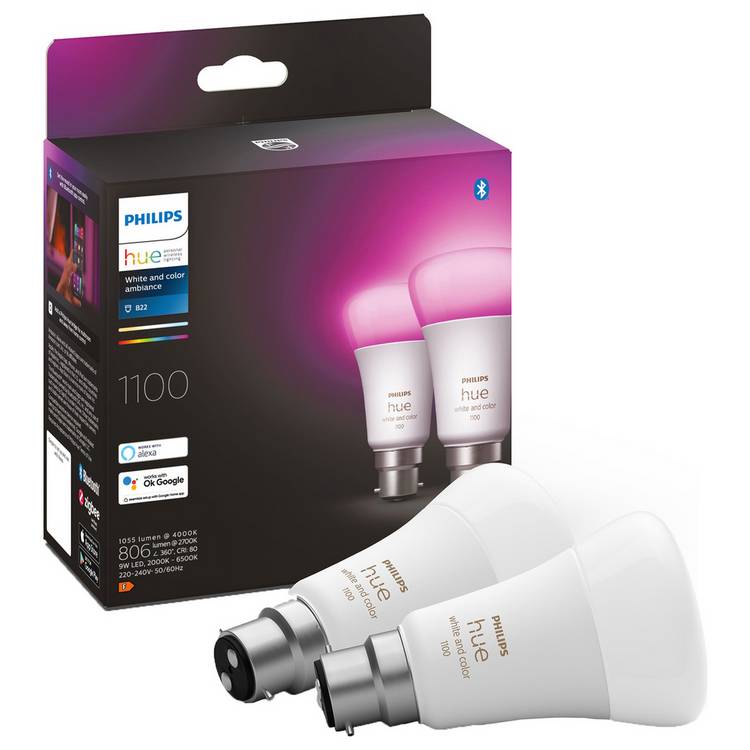 Philips Hue White and Colour B22 9W Smart LED Bulbs - 2 Pack 0