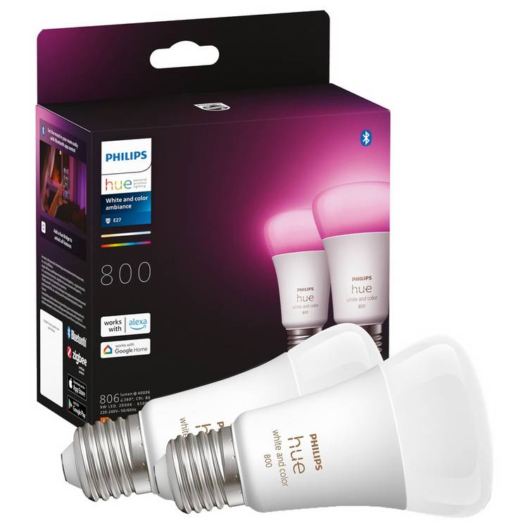 Philips Hue White and Colour E27 9W Smart LED Bulbs - 2 Pack 0