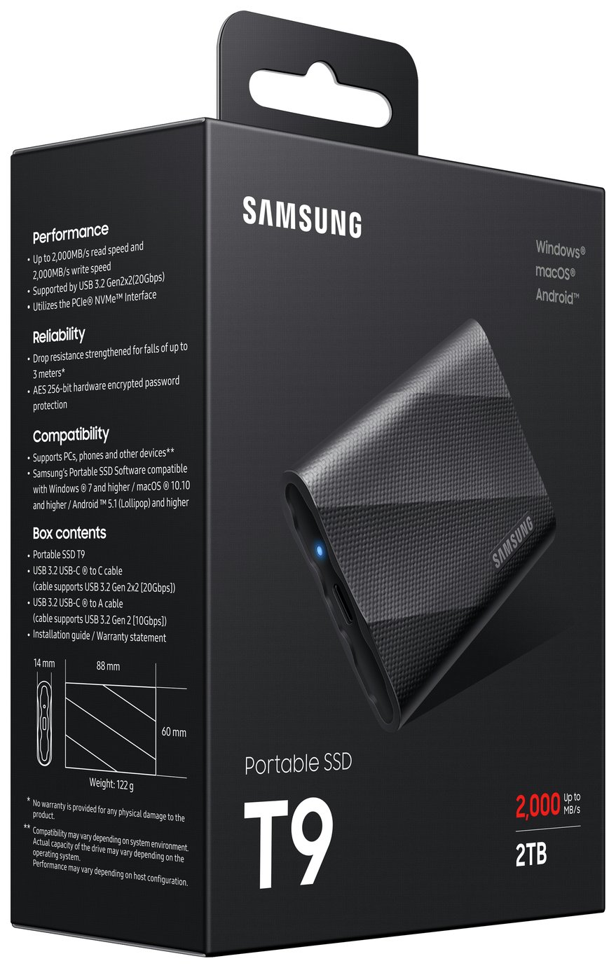 Buy Samsung T9 USB 3.2 2TB Portable SSD - Black | External hard