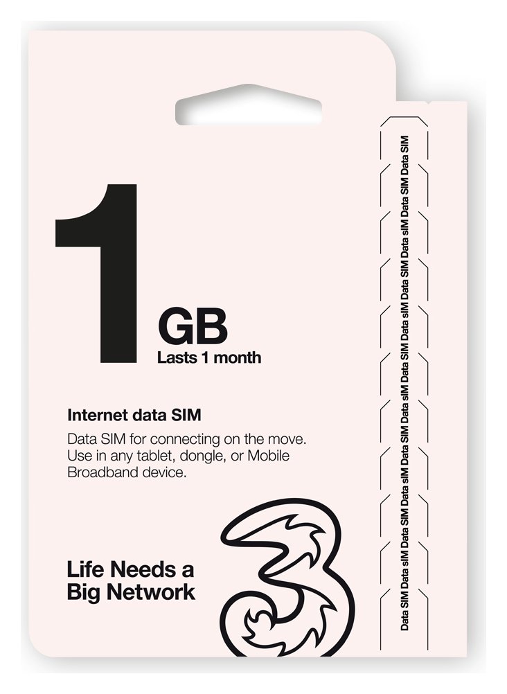 Three 1GB Pay As You Go Data SIM Card