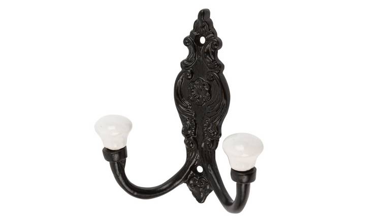 Hammer & Tongs Ornate Double White Ceramic Coat Hook - Black