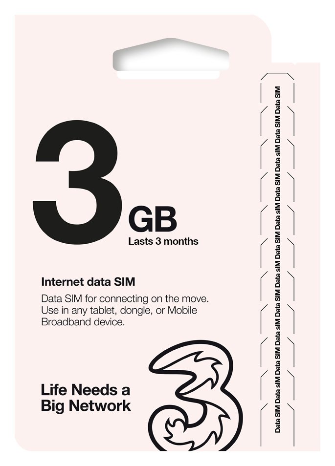 Three 3GB Pay As You Go Data SIM Card